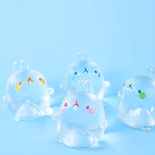 Transparent ghost-like figures with colorful facial expressions on a light blue background