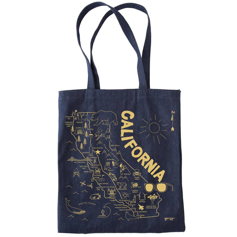 Navy tote bag with yellow California map design on a white background