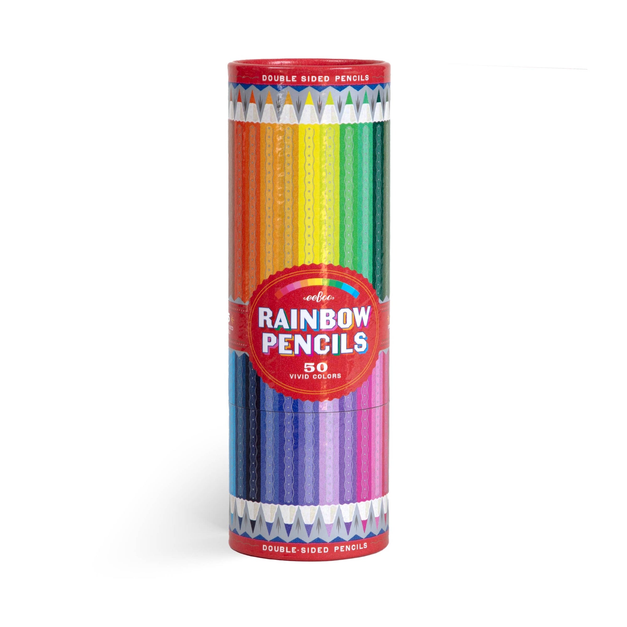 Tube of rainbow-colored double-sided pencils on a white background
