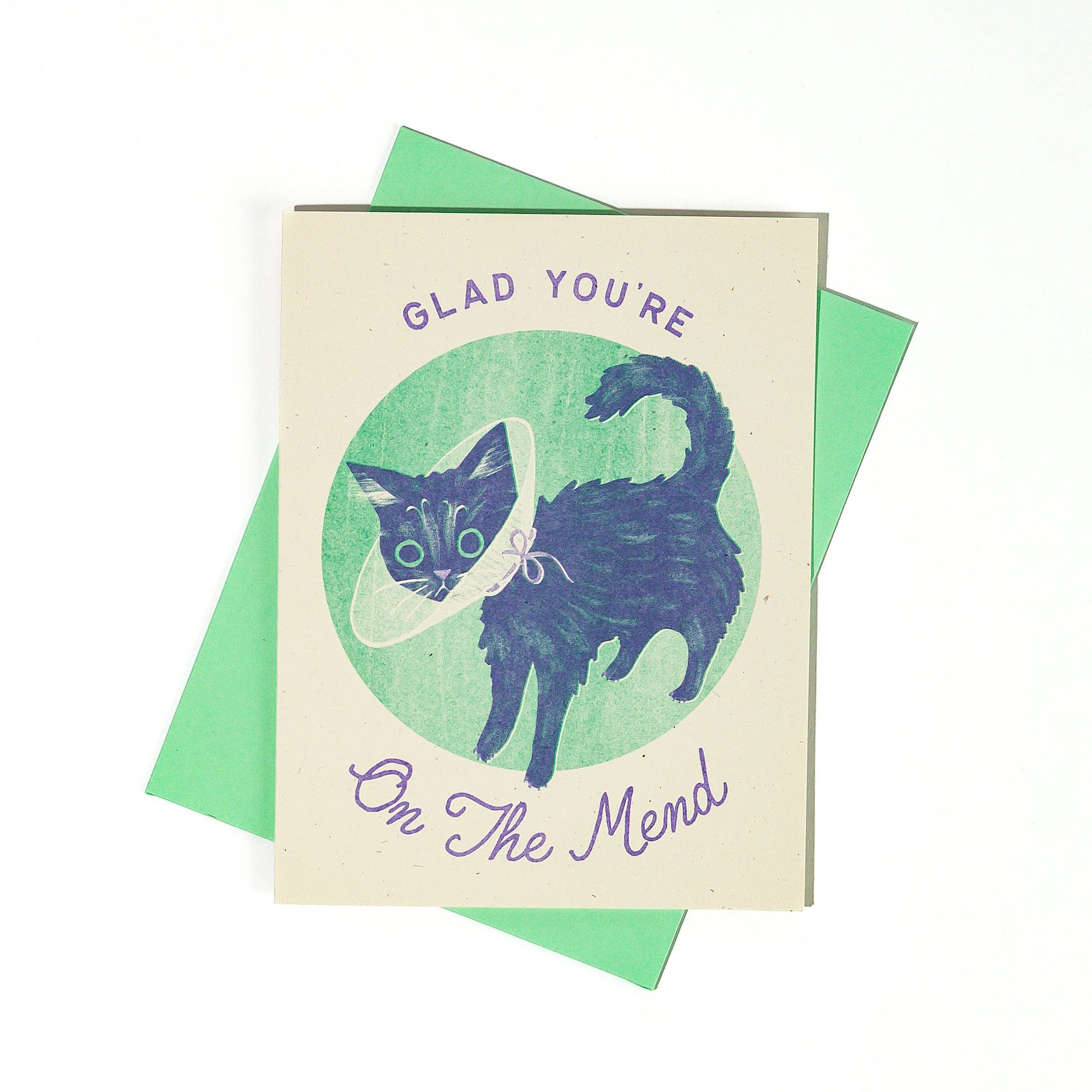Greeting card with a cat illustration and text on a white background