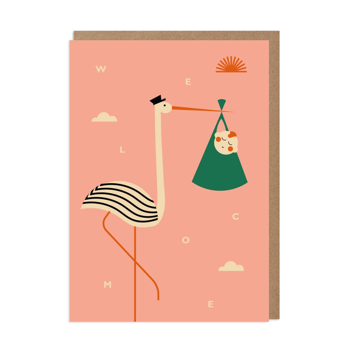 Stork holding a baby in a green bag on a pink background with text
