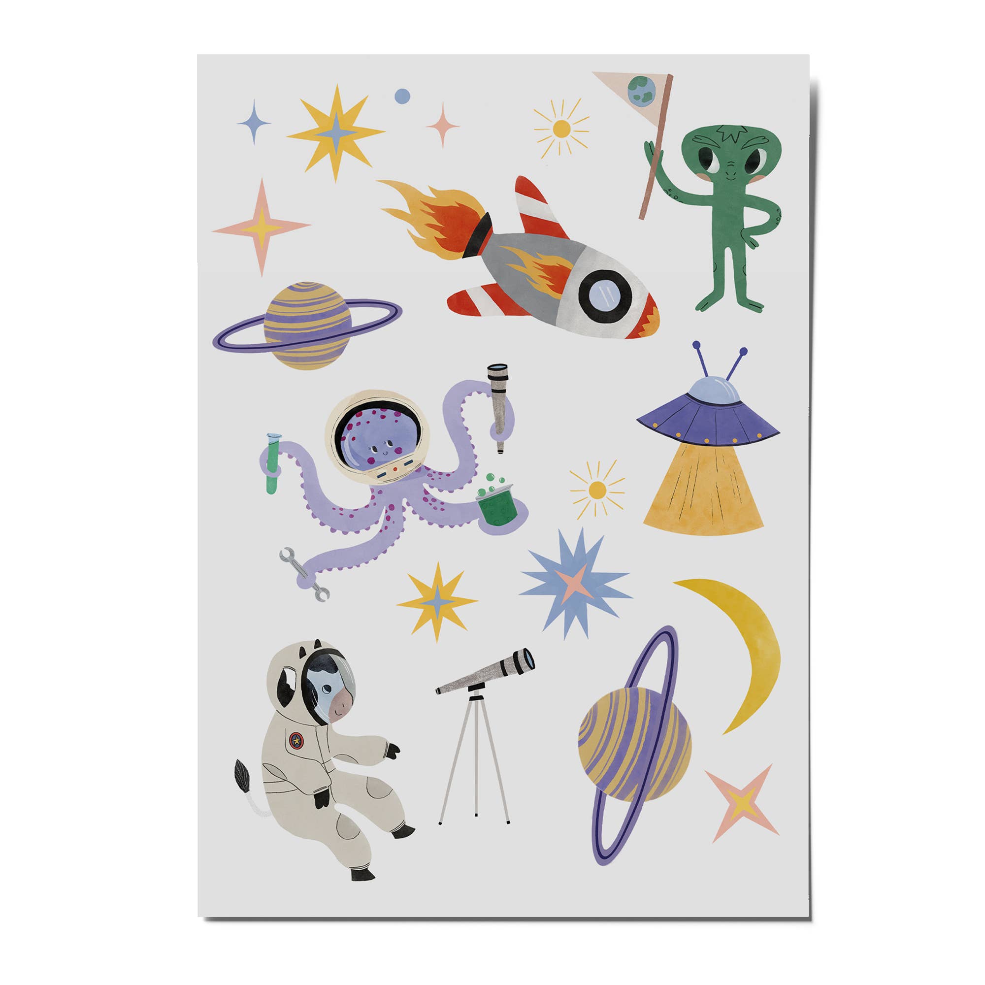 Sheet of space-themed temporary tattoos with astronauts, planets, rockets, and aliens on a white background.