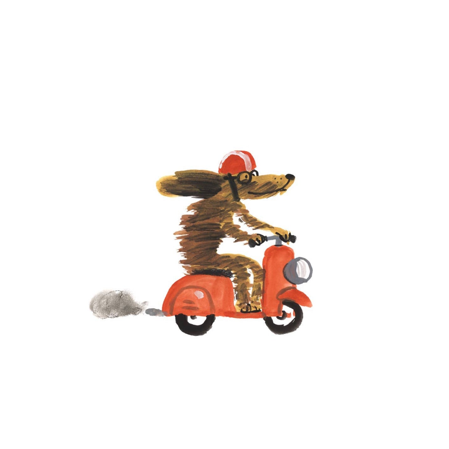 Illustration of a dog riding a scooter on a white background