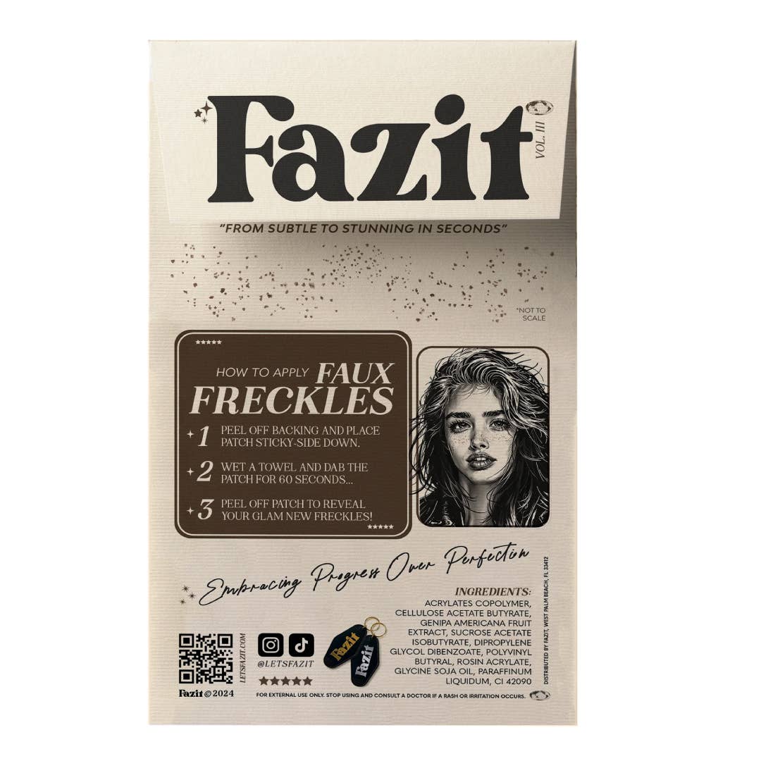 Fazit faux freckles packaging with application instructions and product details.