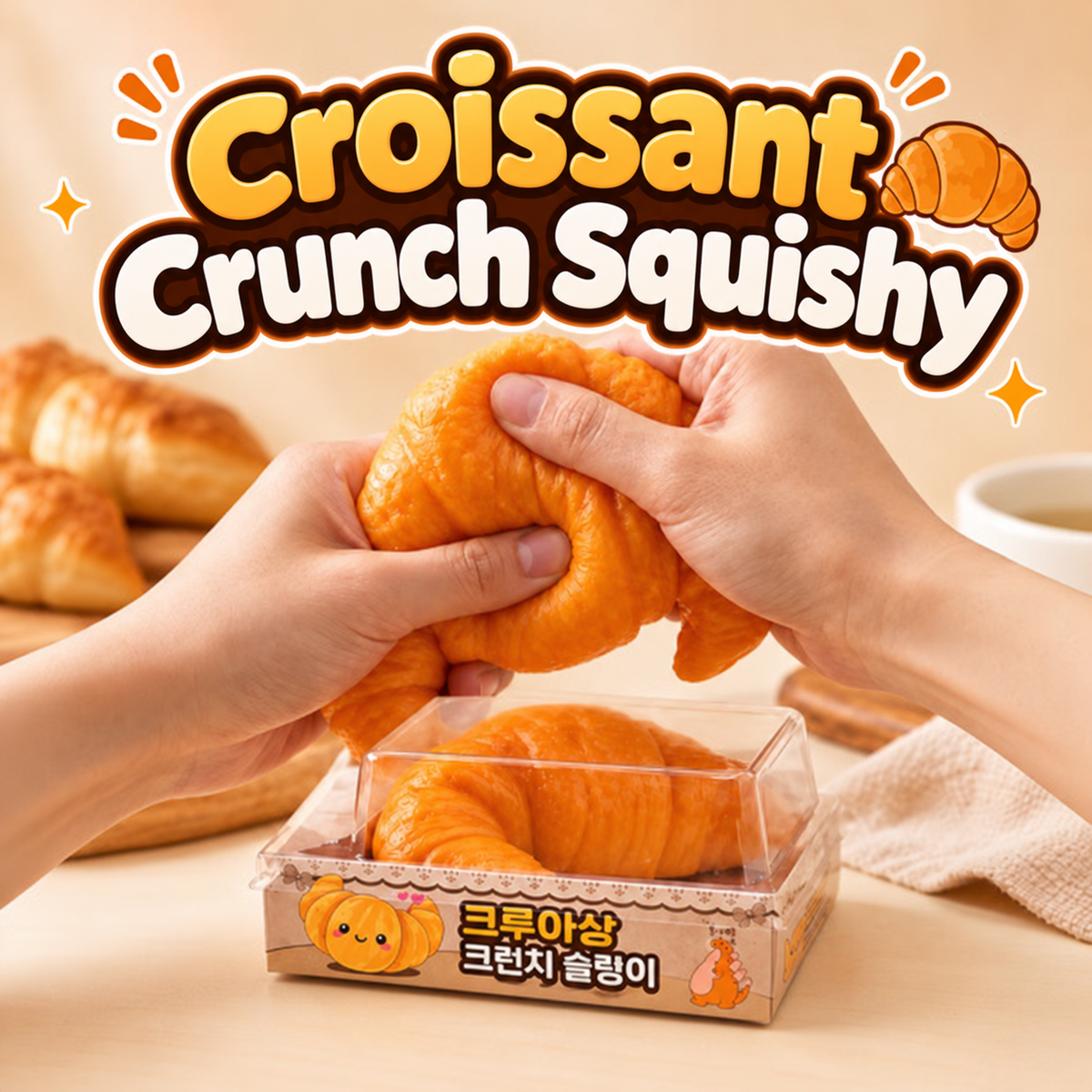 Hands squeezing a golden-brown croissant-shaped squishy toy above its clear plastic packaging box, with a large 'Croissant Crunch Squishy' text overlay at the top on a warm beige background.