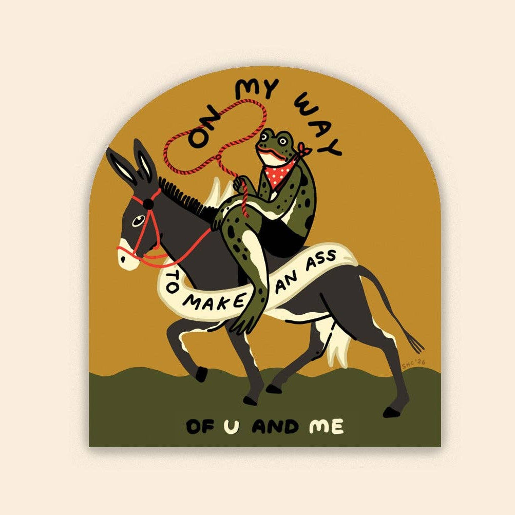 Illustration of a frog riding a donkey with text on a beige background