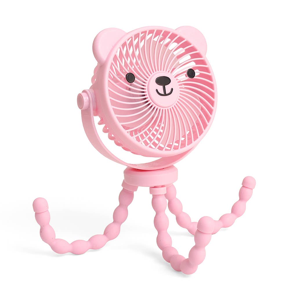 Pink bear-shaped fan with a flexible neck on a white background