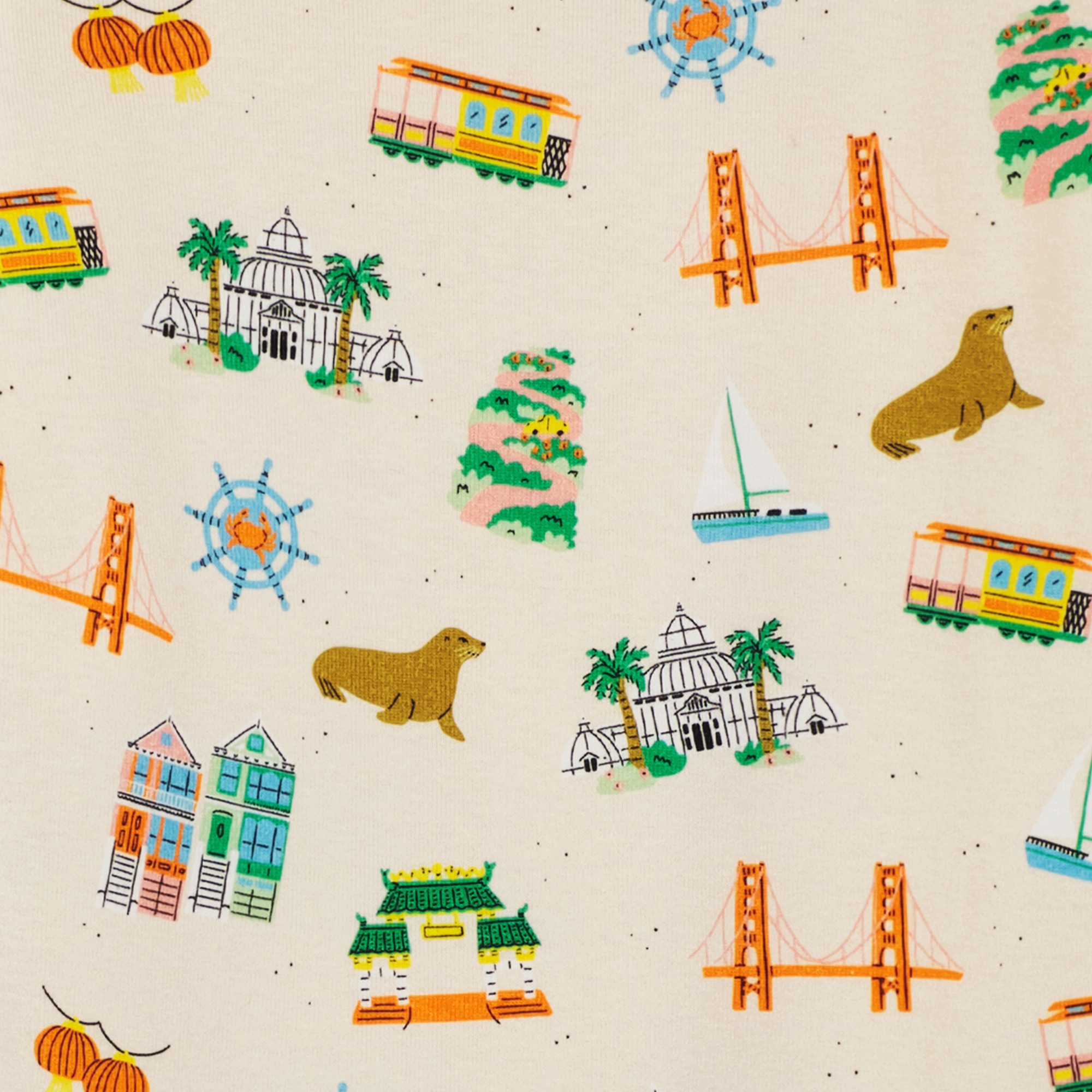 Pattern of San Francisco-themed illustrations on a beige background