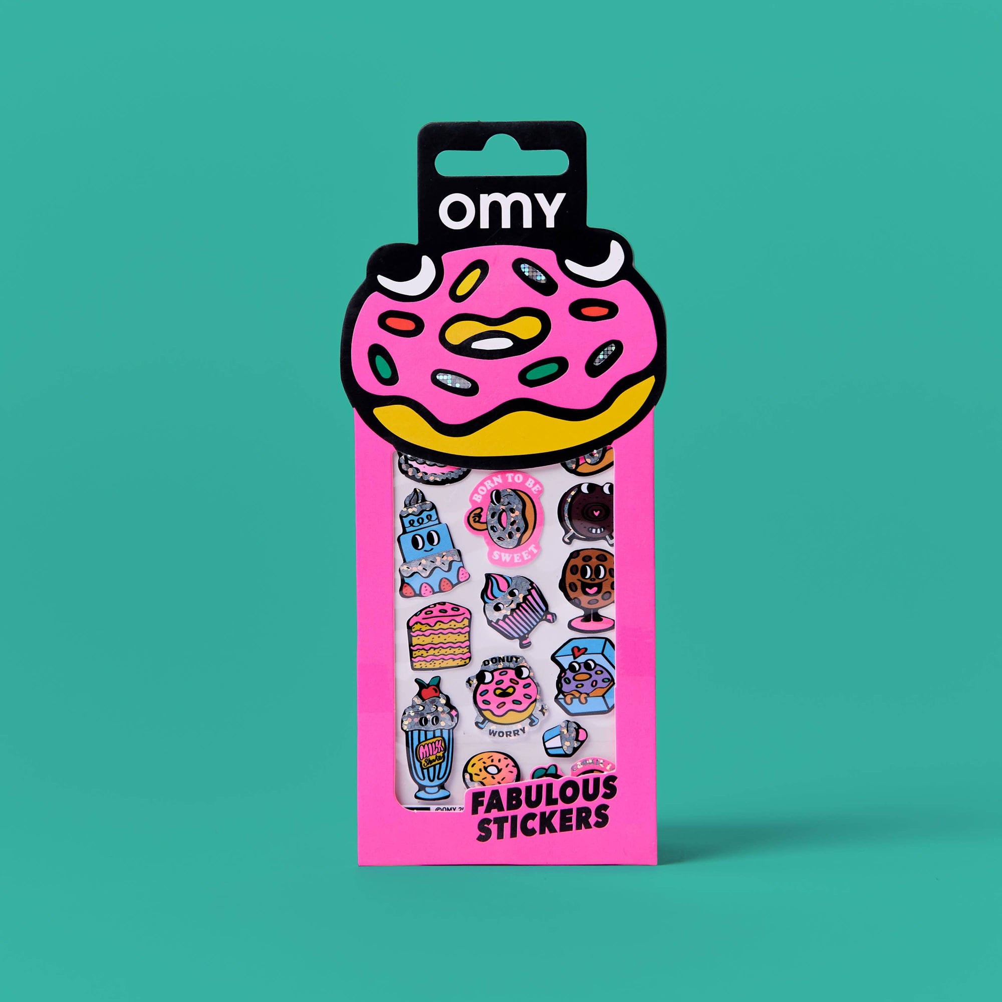 Pack of stickers with a pink donut design on a teal background