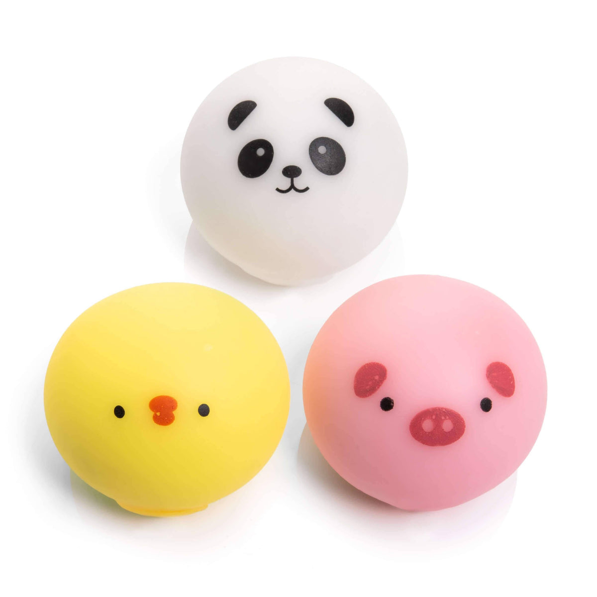 Three cute animal-themed stress balls on a white background