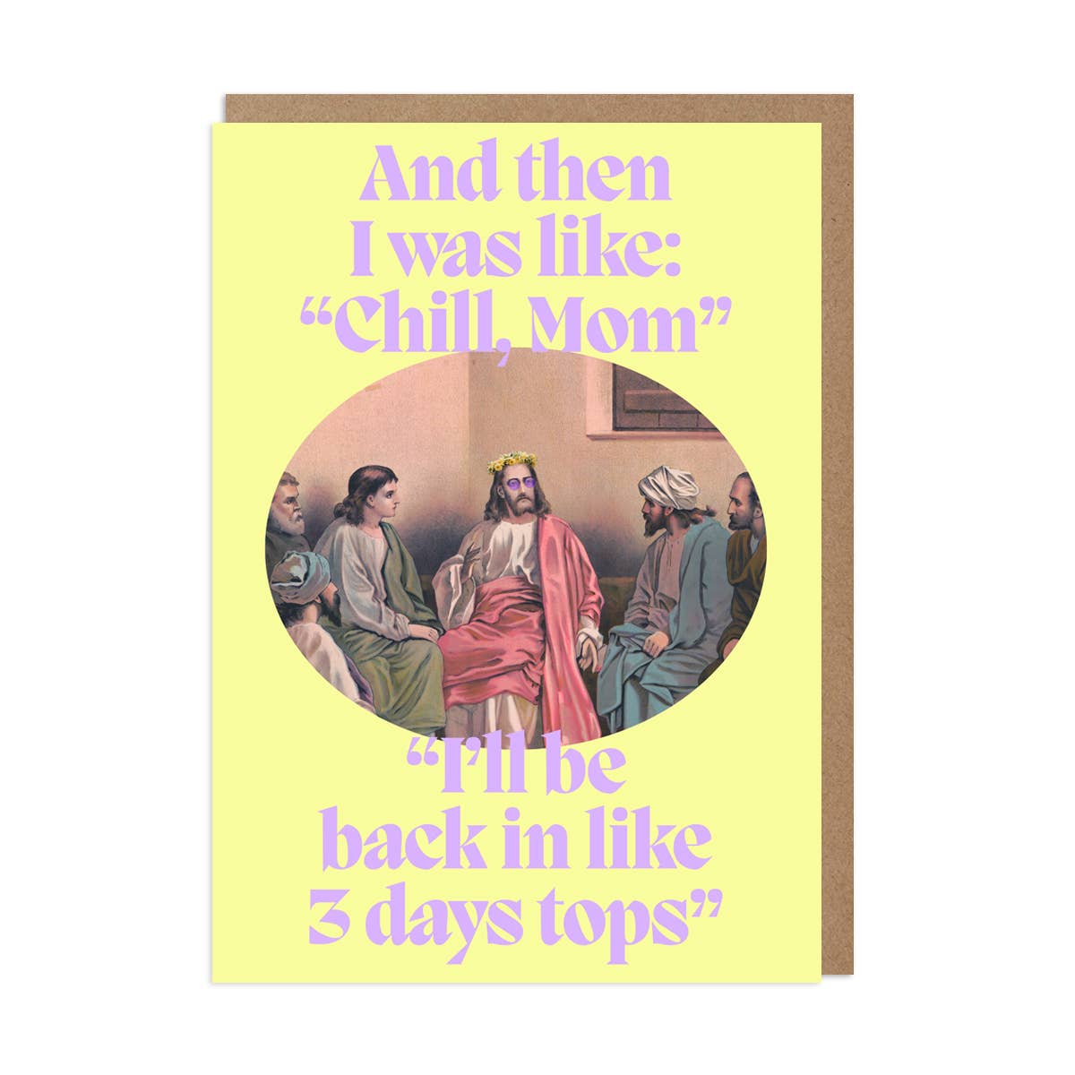 Card with humorous text and illustration of Jesus and his disciples on a yellow background