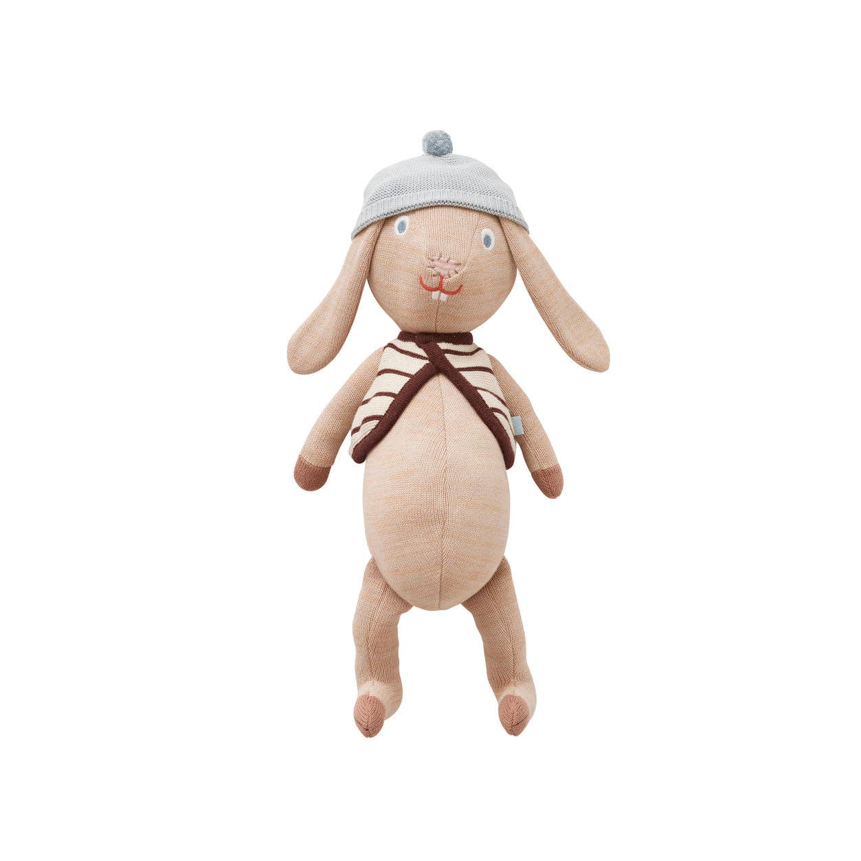Stuffed toy rabbit with a hat on a white background