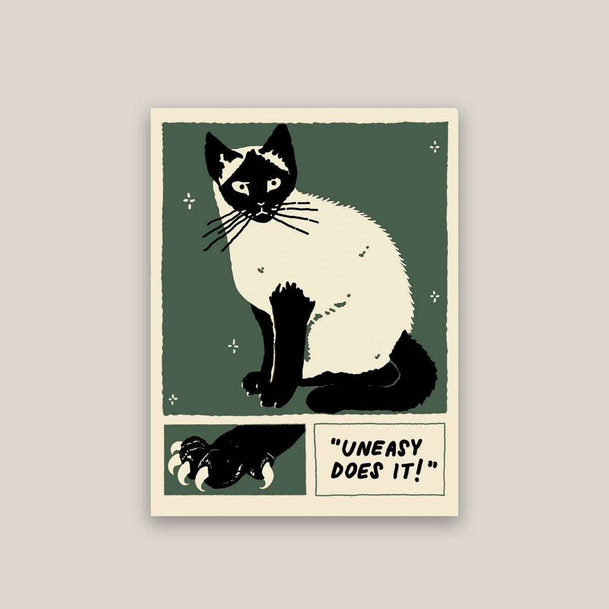 Sticker with a cat illustration and text on a green background