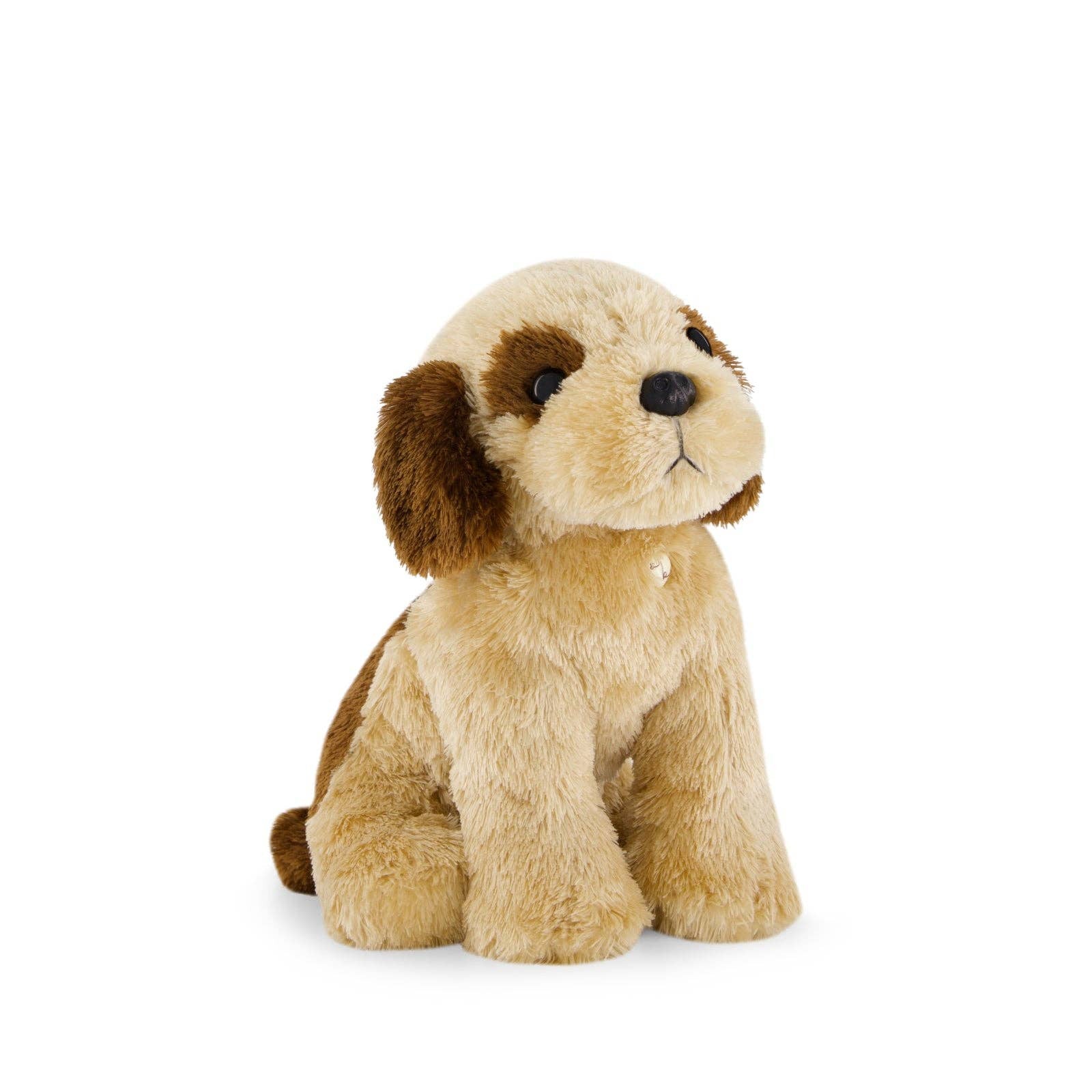 Plush toy dog with brown ears and body on a white background