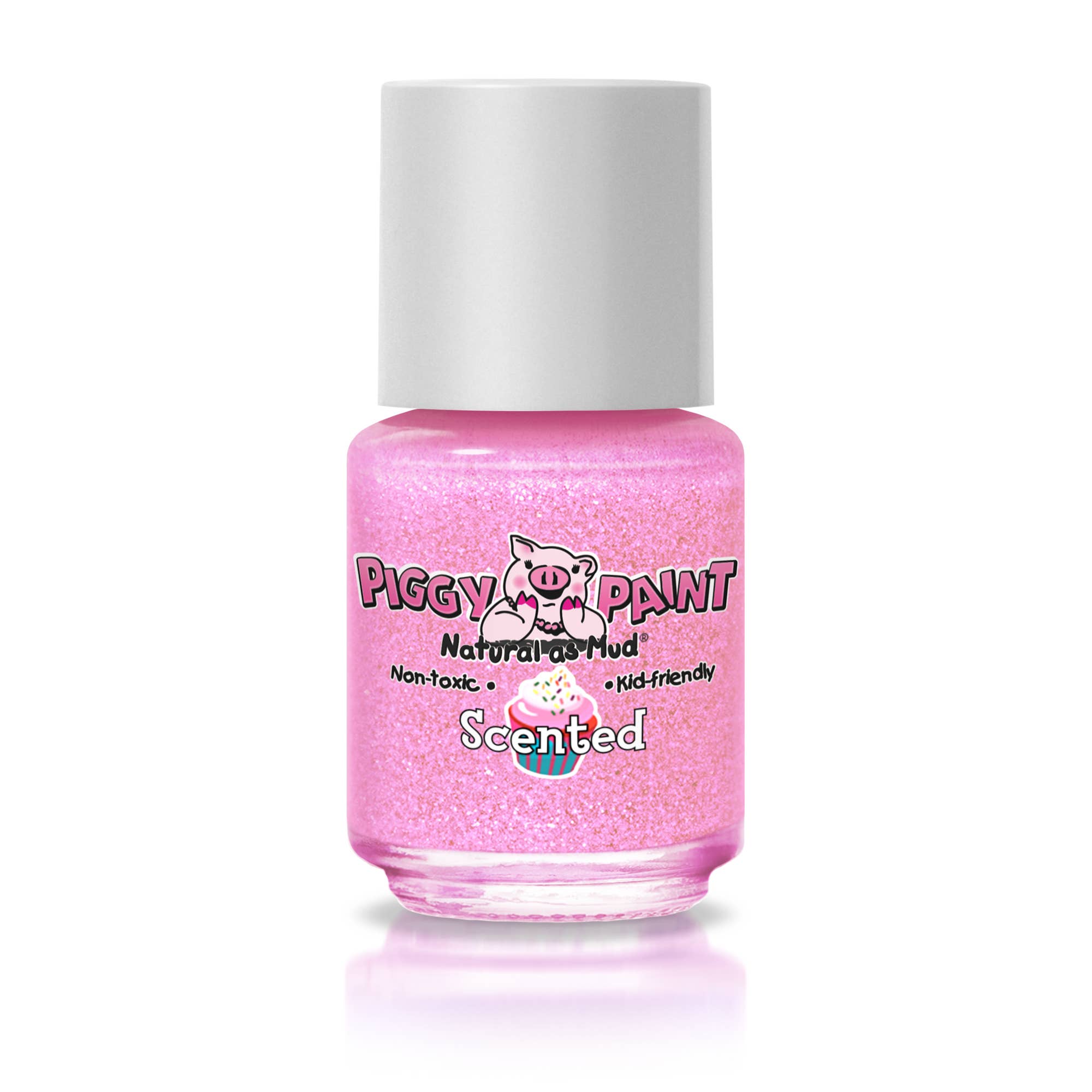 Pink glittery nail polish bottle with 'Piggy Paint' branding on a white background