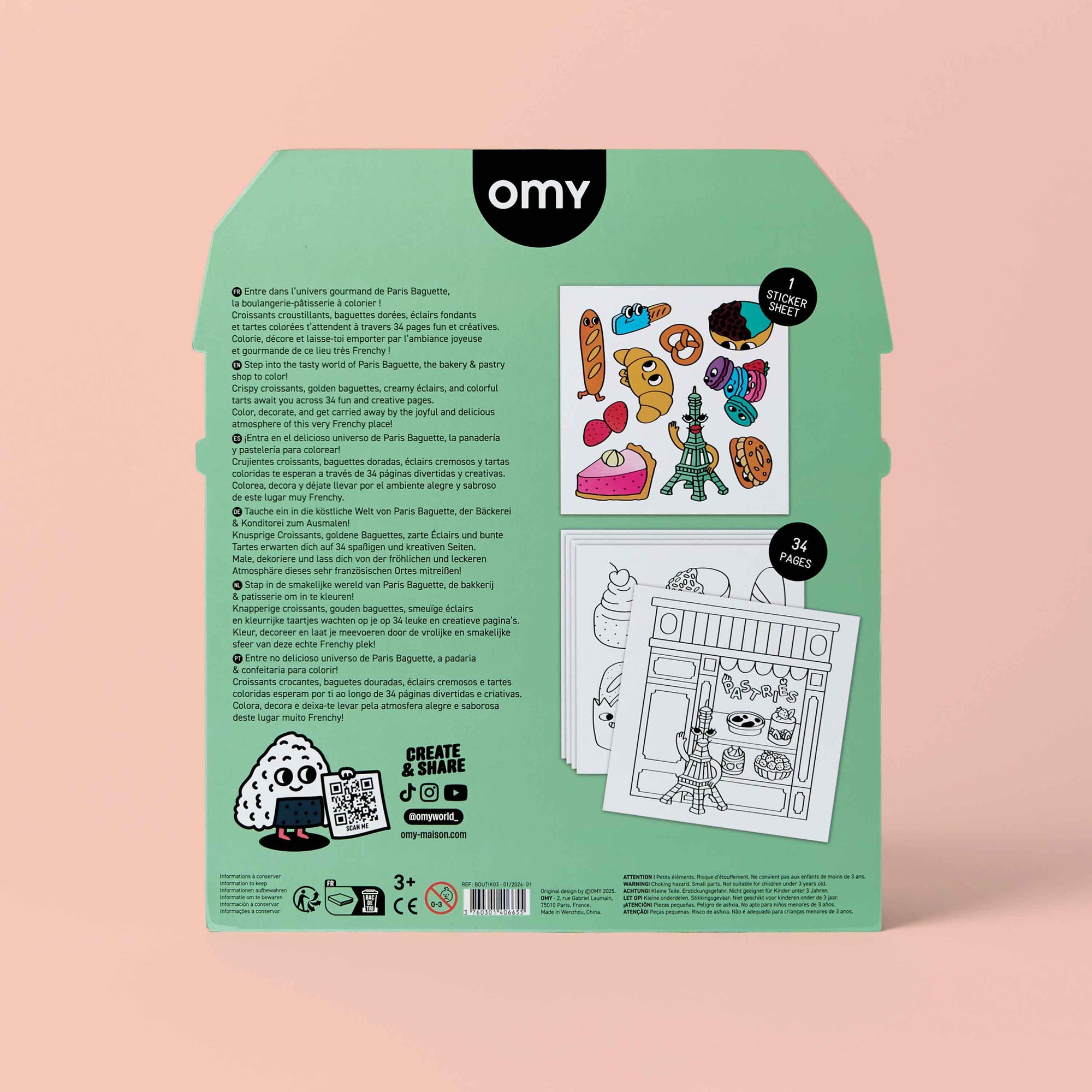 Green packaging of OMY with illustrations and text on a pink background
