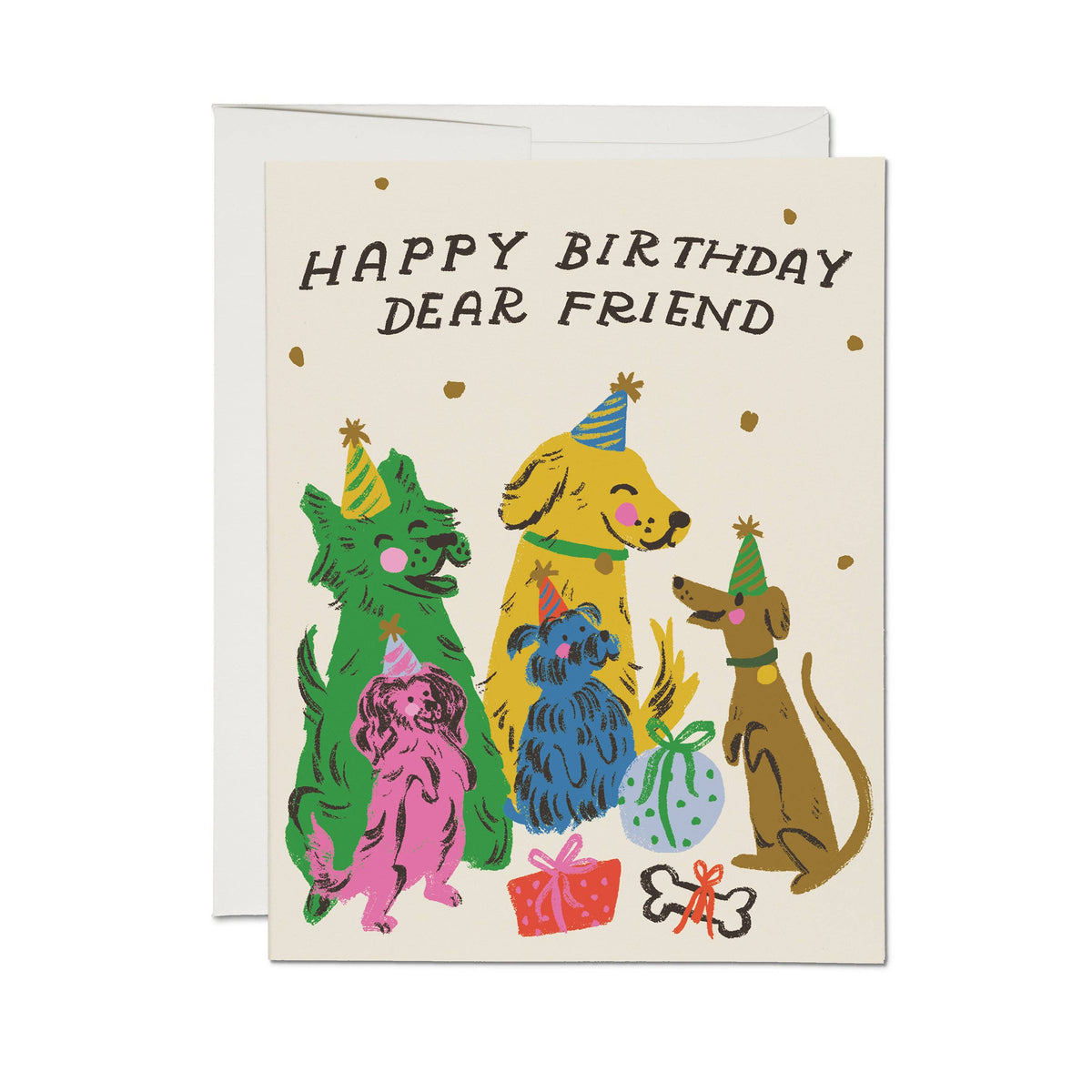 A greeting card with a cream background and an illustrated group of colorful dogs wearing party hats, with the text 'HAPPY BIRTHDAY DEAR FRIEND' at the top. A white envelope is visible behind the card.