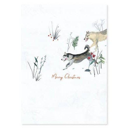 Christmas card with huskies and Christmas trees on a white background