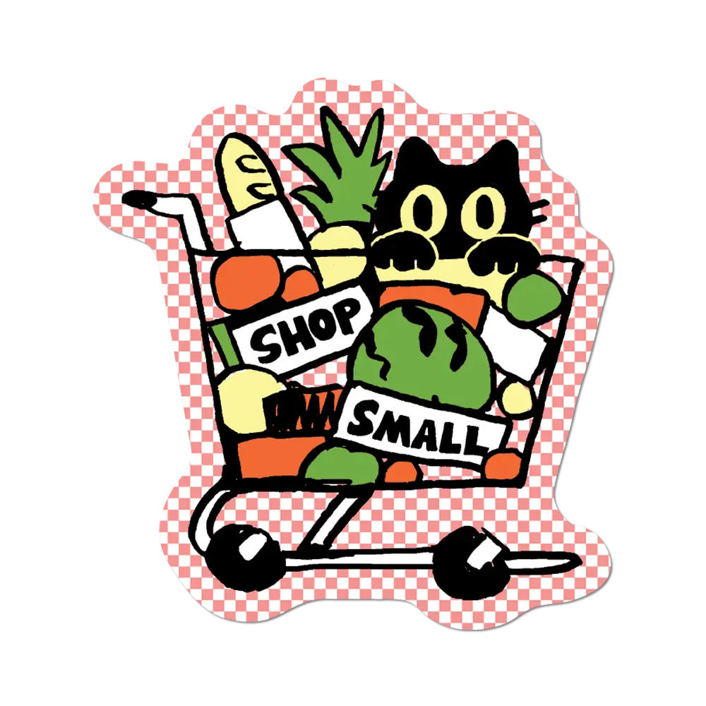 Cartoon cat pushing a shopping cart with produce, on a red and white checkered background.