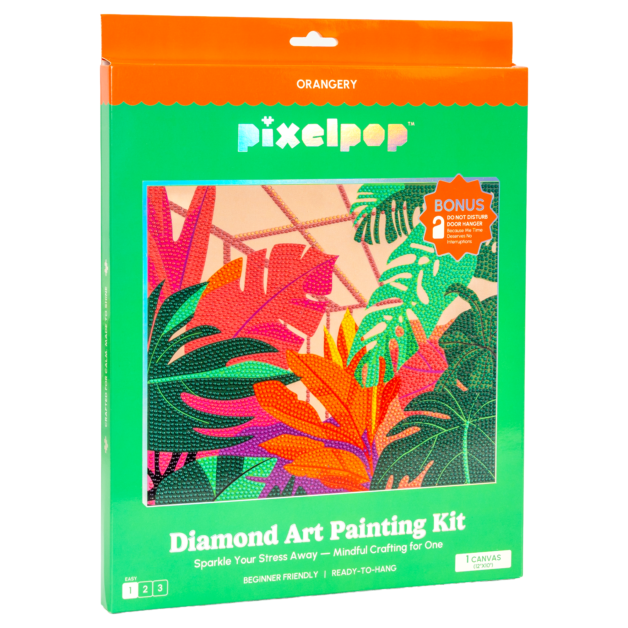 Pixelpop diamond art painting kit packaging with tropical leaf design