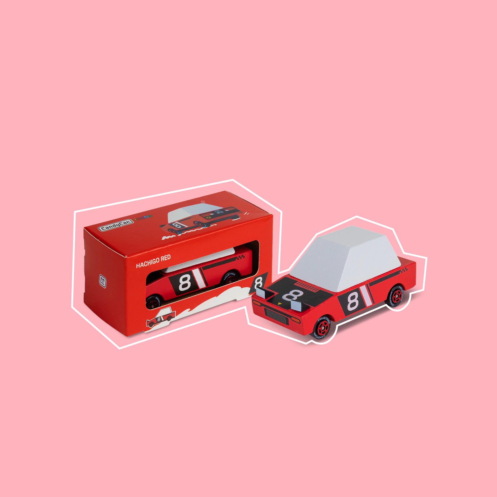 Red toy car with a transparent box on a pink background
