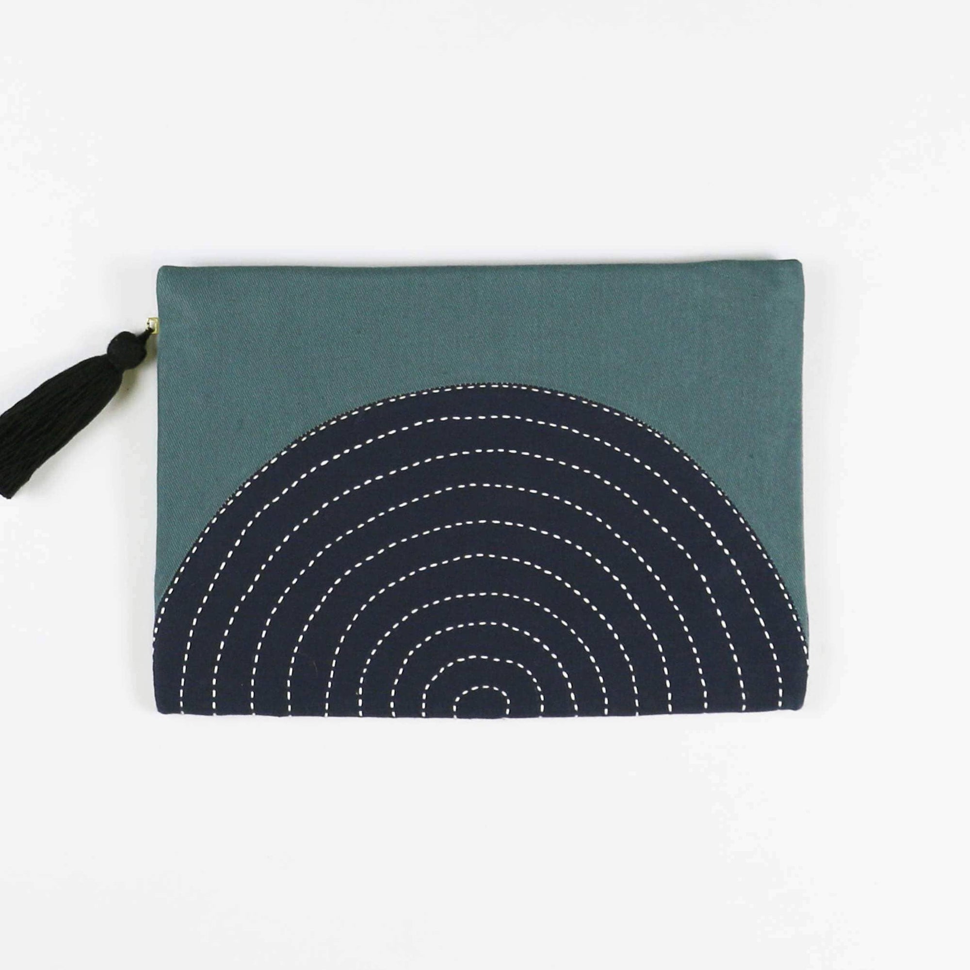 Fabric pouch with concentric circle pattern on a white background