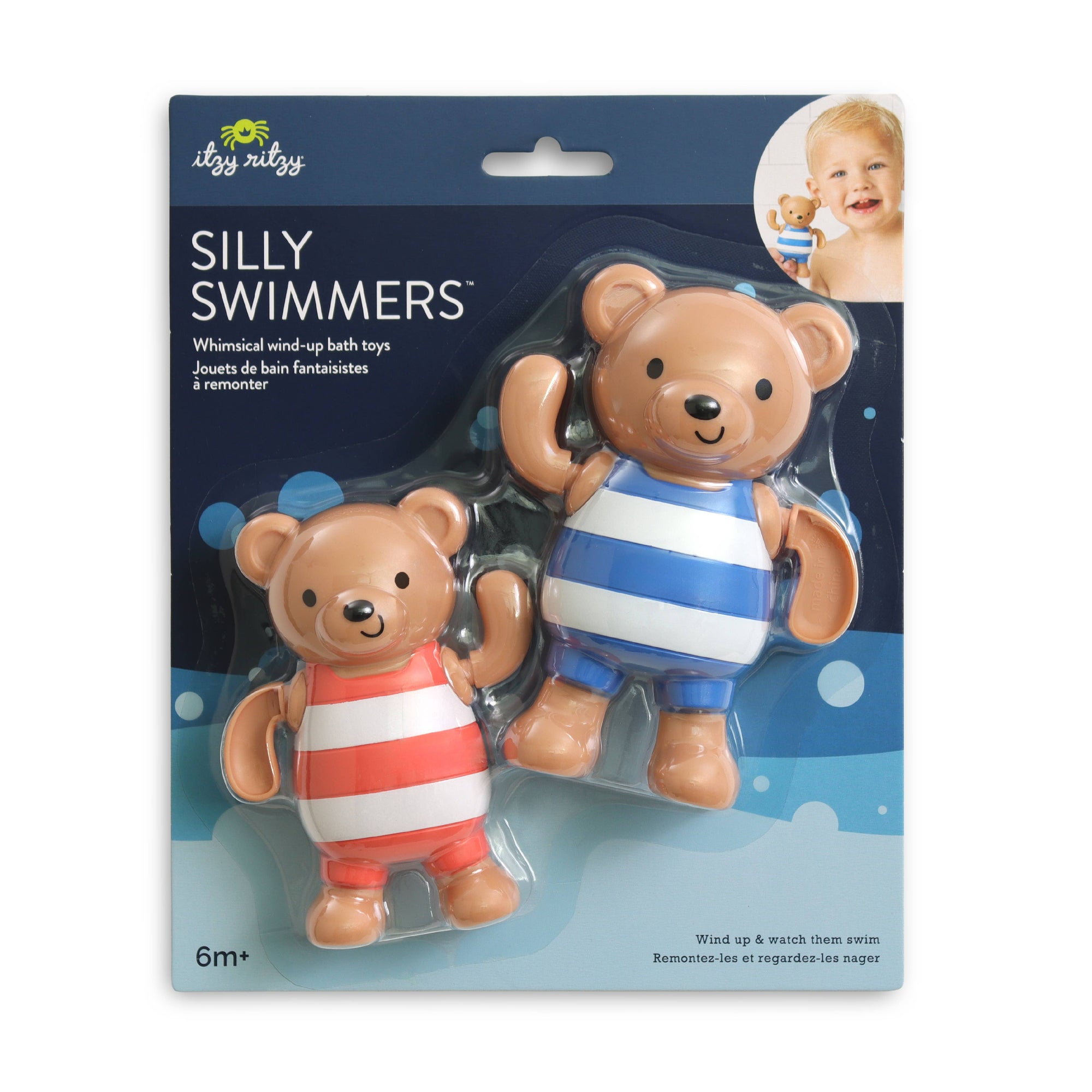 Packaged toy bears in striped swimsuits on a blue background with 'Itzy Ritzy' branding.