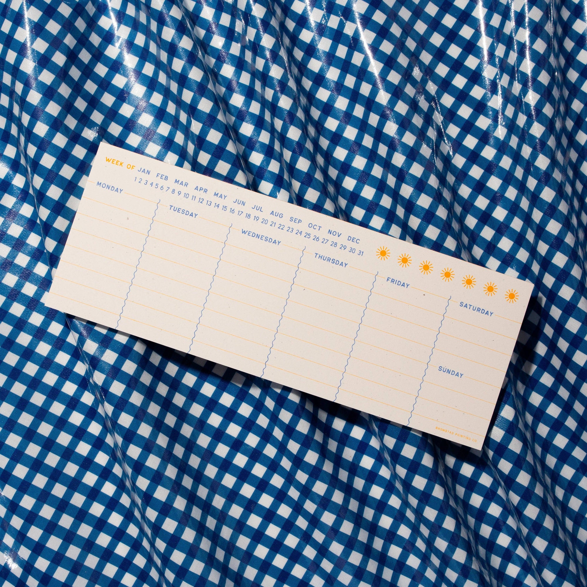 Weekly planner sheet on a blue and white checkered fabric background