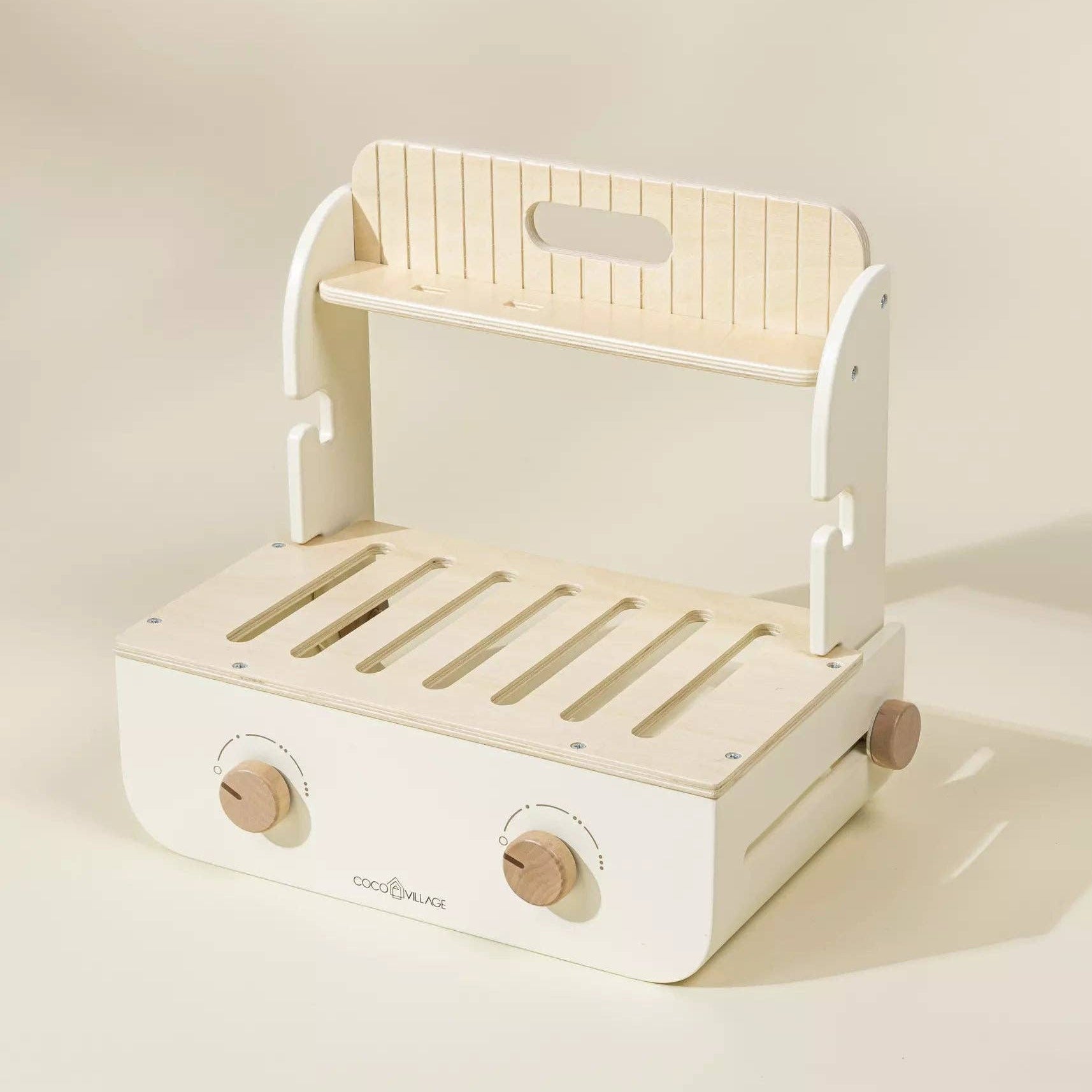 White and beige children's step stool with wooden accents on a light background