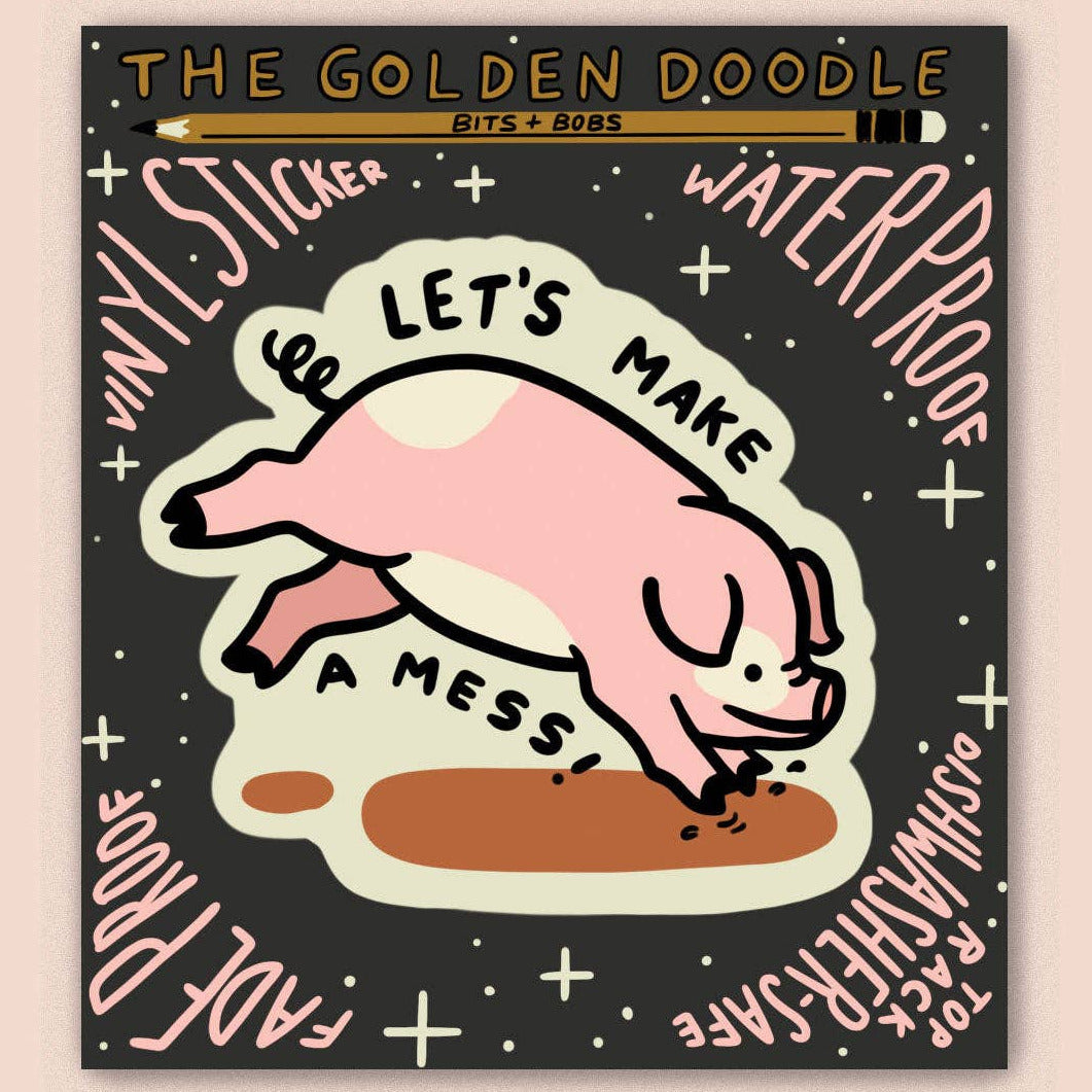 Sticker with a pig illustration and text on a pink background