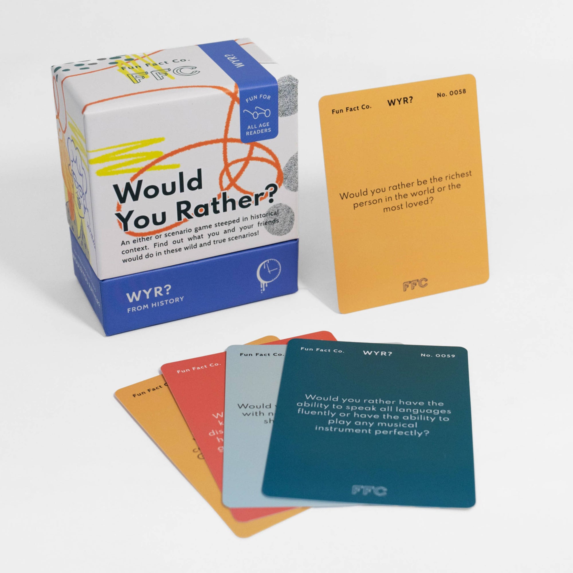 Would You Rather? card game box and cards on a white background