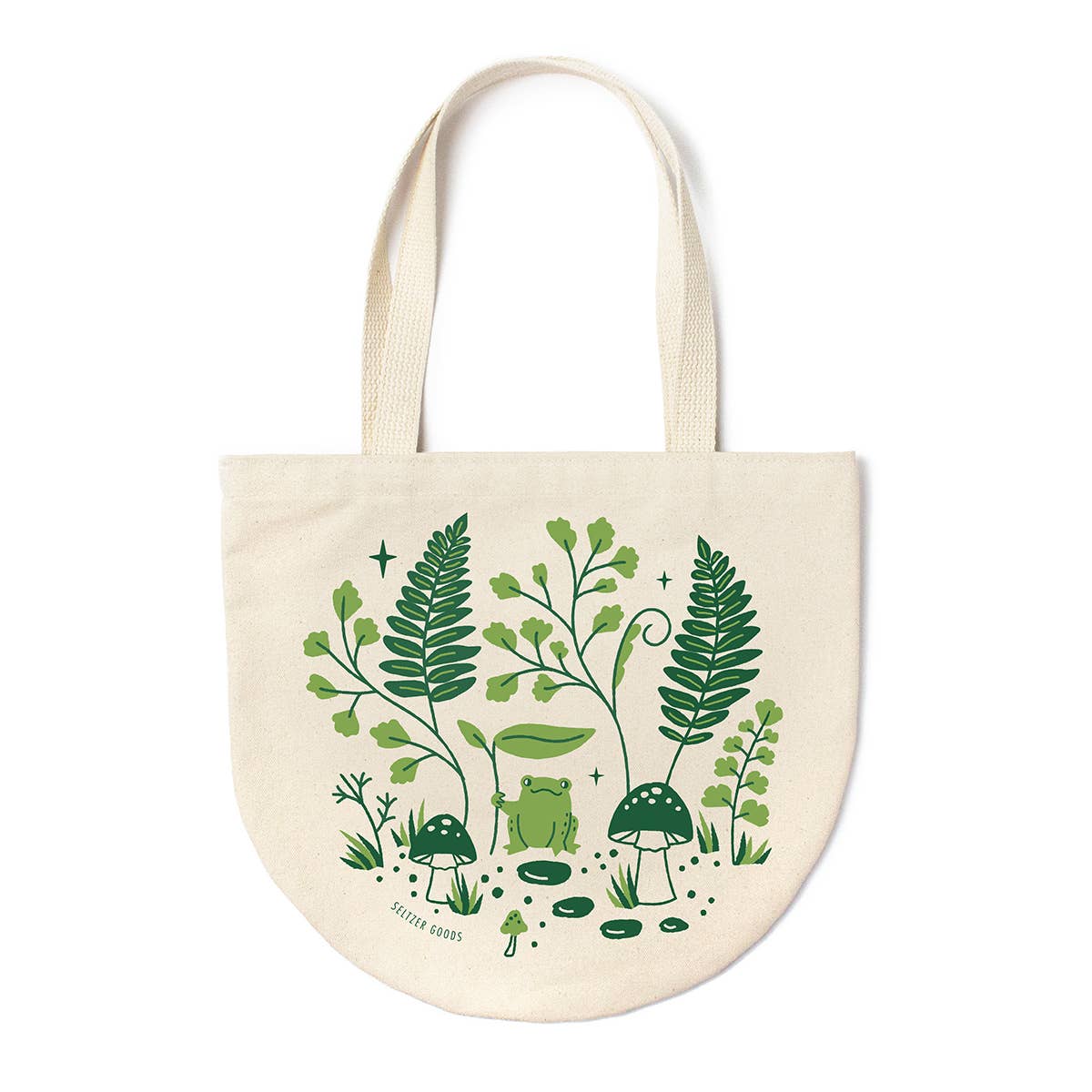 Tote bag with green plant and frog design on a white background