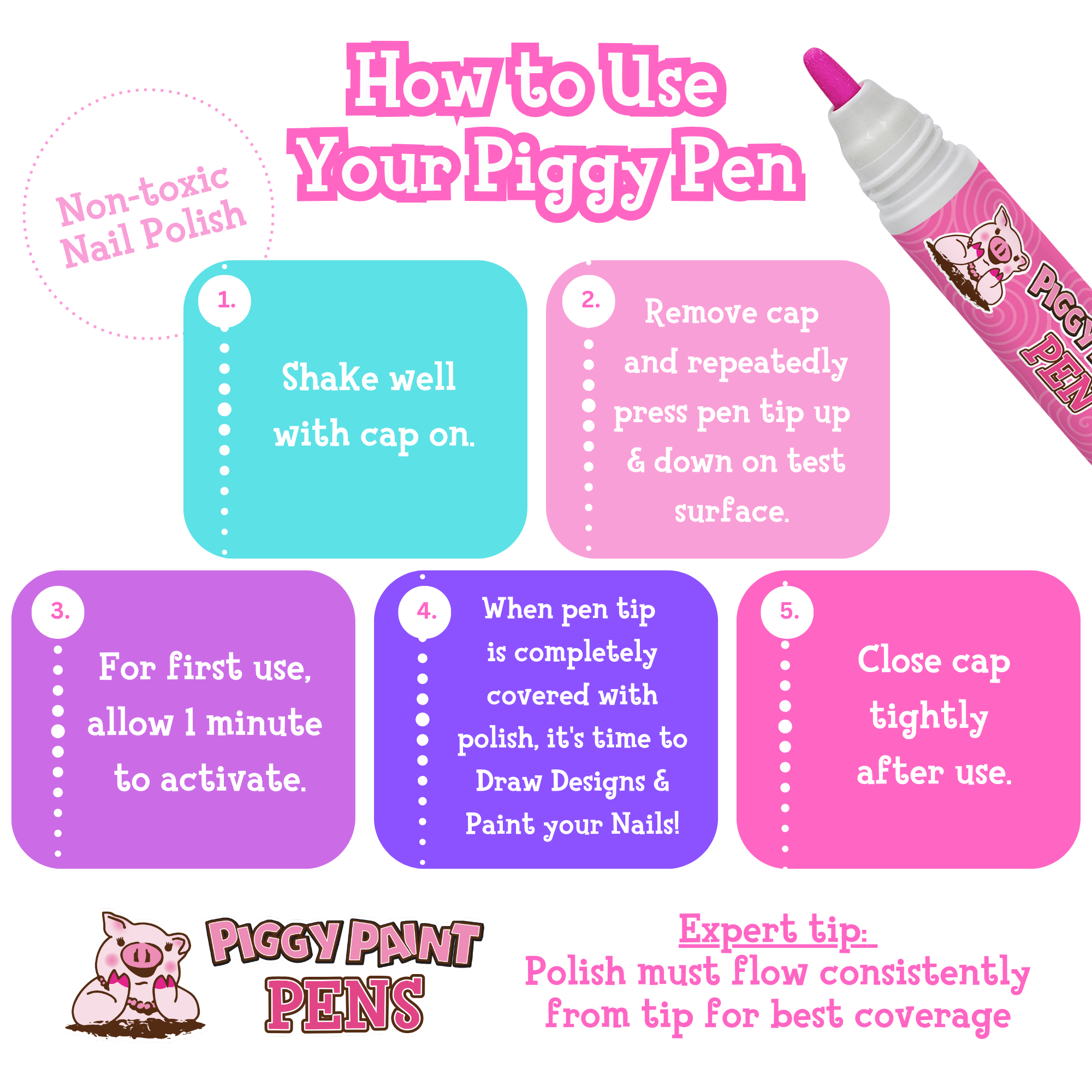 Instructions on how to use Piggy Paint Pens with a pink pen displayed.