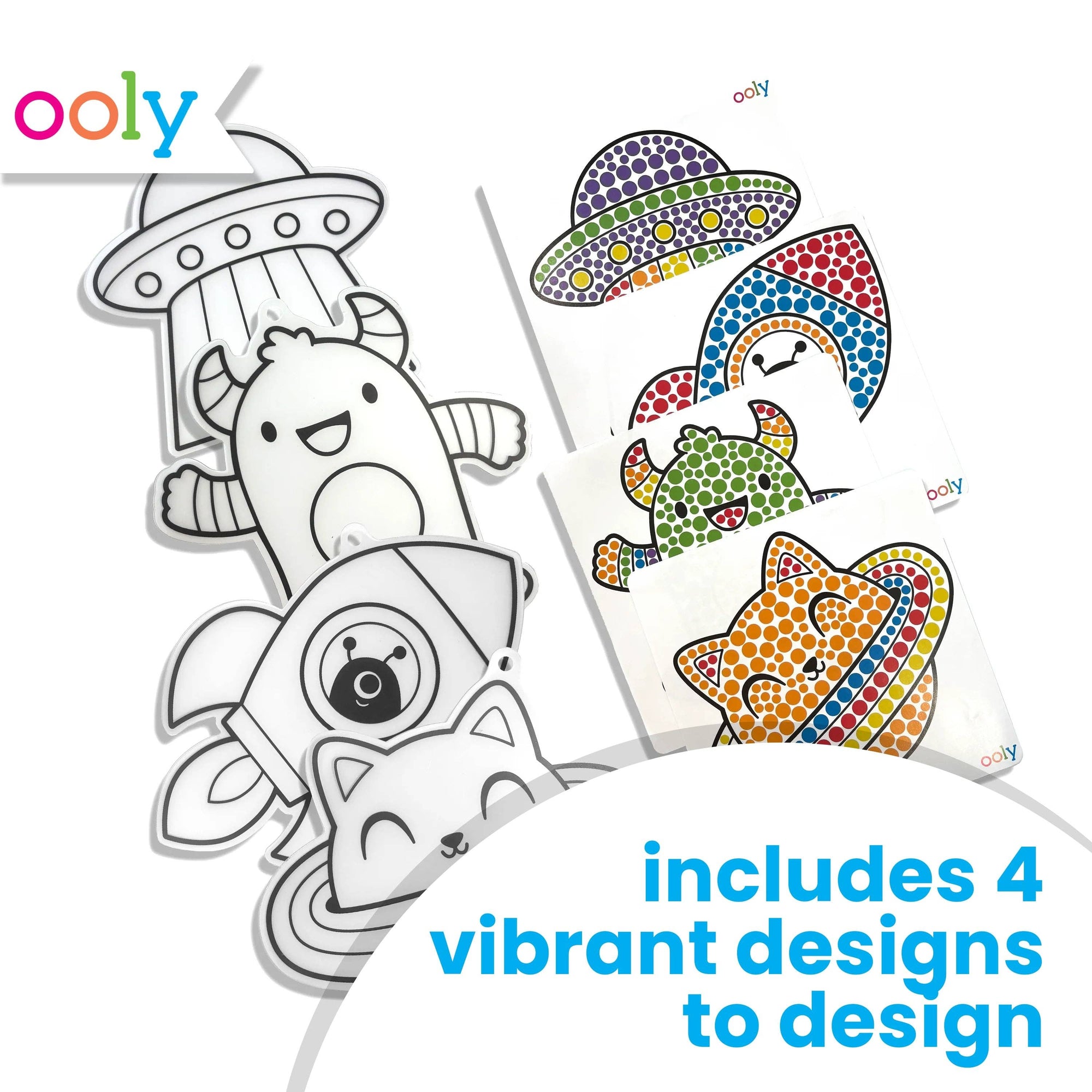 Coloring sheets with cartoon characters and text 'includes 4 vibrant designs to design' on a white background.