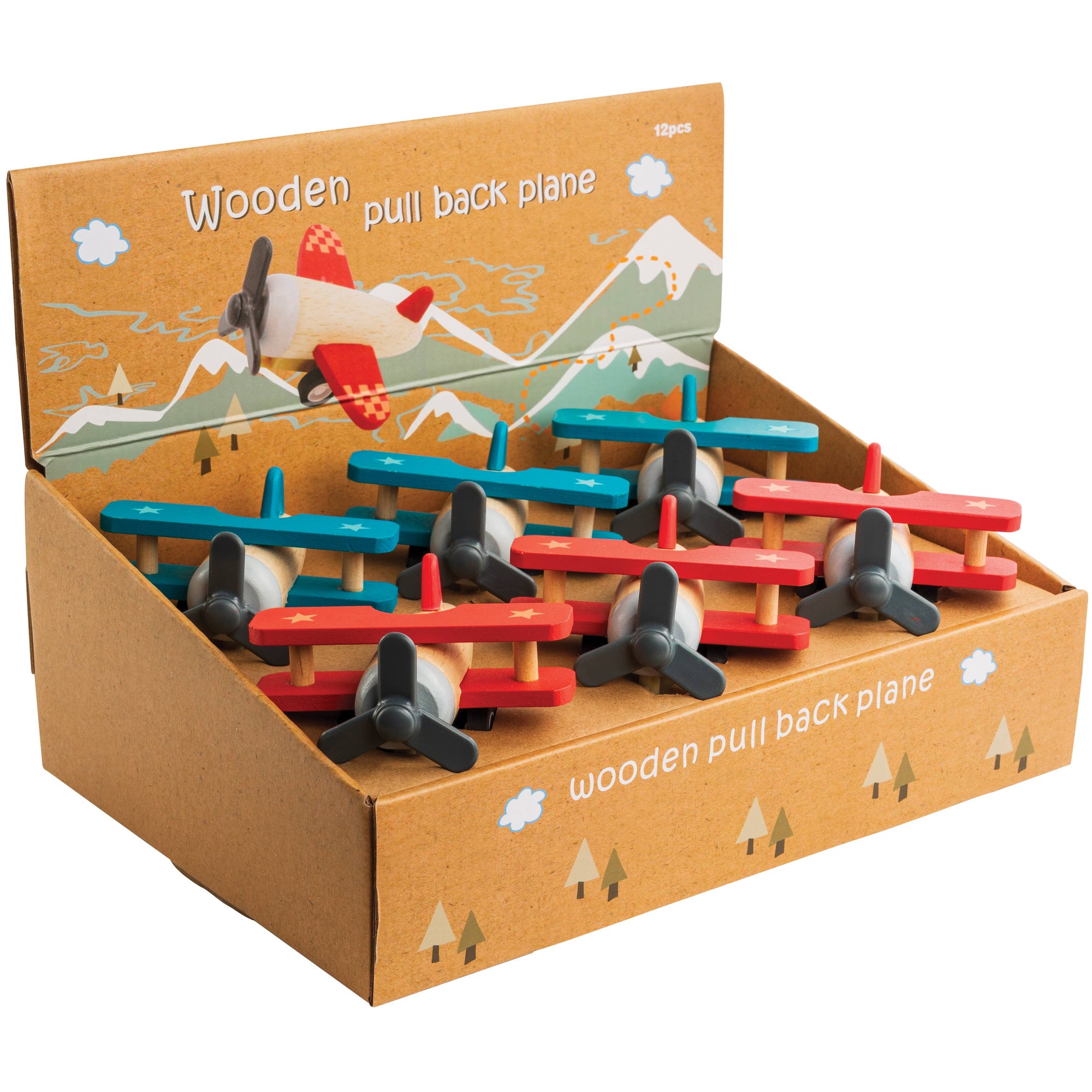 Box of wooden pull-back planes with colorful designs on a white background