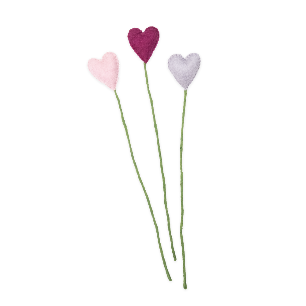 Three heart-shaped flowers on green stems against a white background
