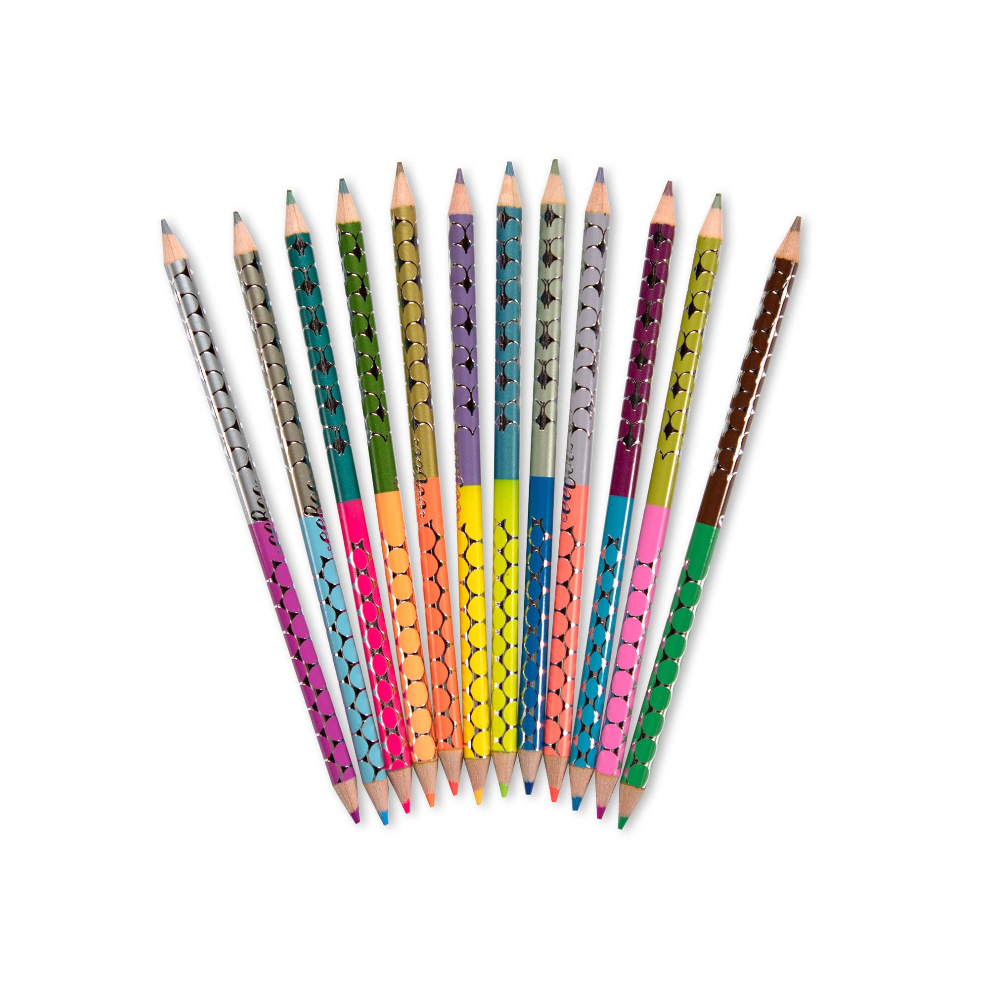 Set of colorful pencils with patterned designs on a white background