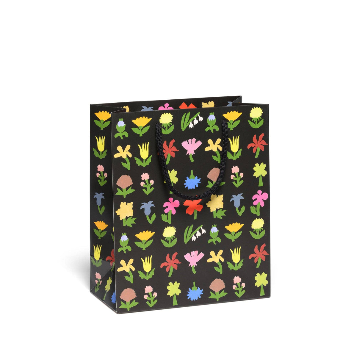 Black gift bag with colorful floral pattern on a white background