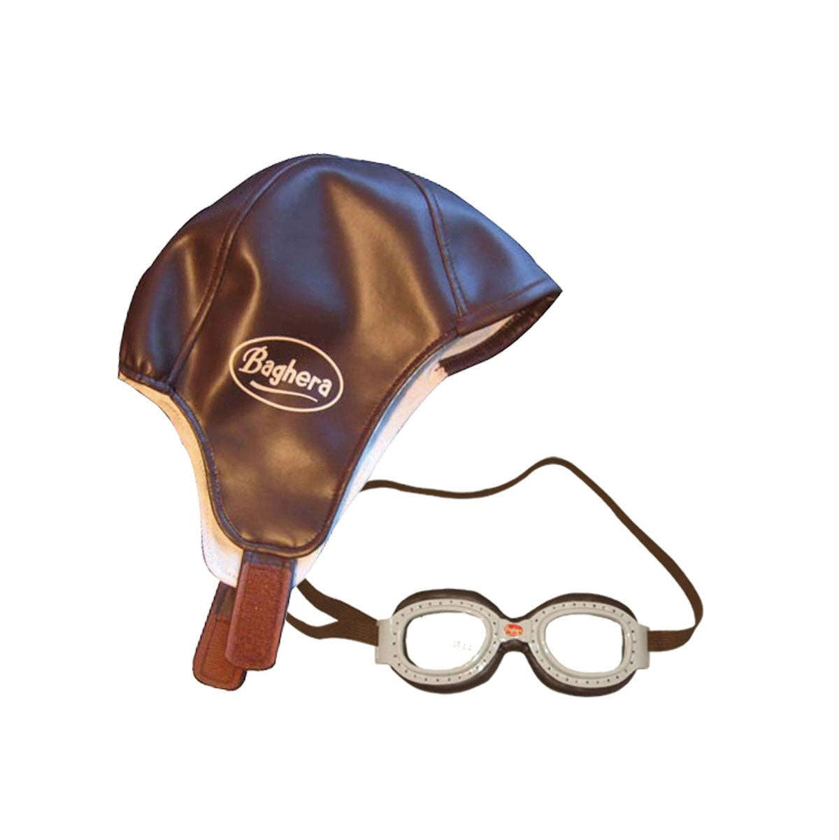 Brown leather helmet with goggles on a white background