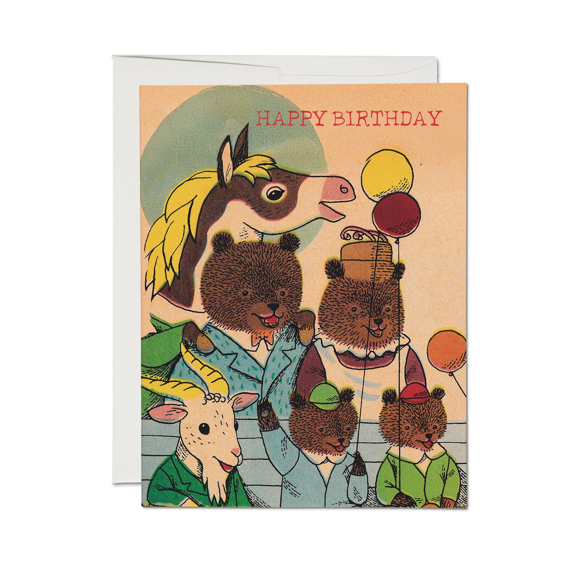 Birthday card with cartoon animals wearing hats and ties, with 'Happy Birthday' text.