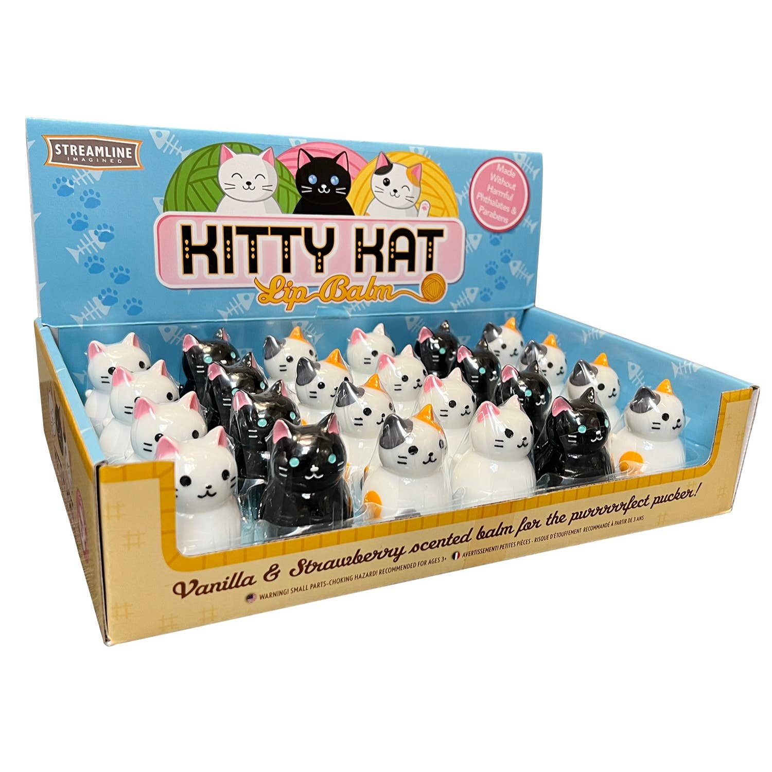 Display box of Kitty Kat lip balm with cat-shaped containers.
