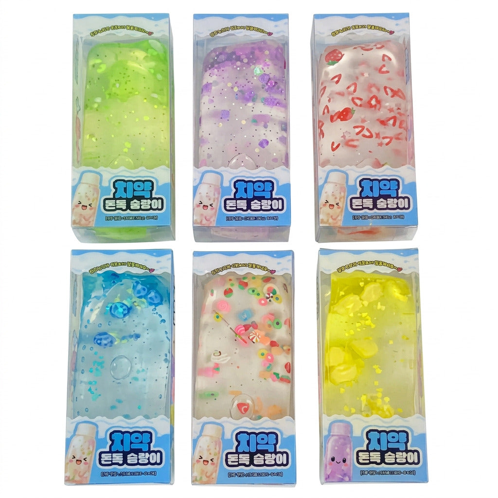 Six packaged translucent gel items arranged in a 2x3 grid on a white background, each in a clear plastic box with blue labels and multicolored gel contents in green, purple, pink, blue, peach, and yellow.