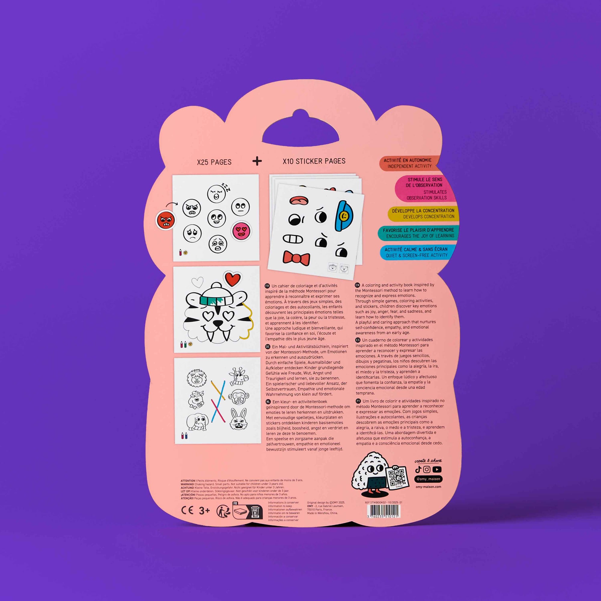 Pink packaging of sticker pages with illustrations on a purple background
