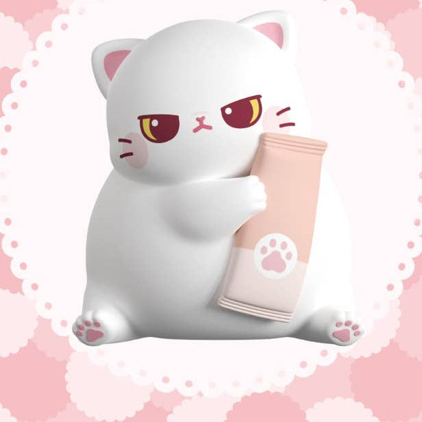 Cute cartoon cat holding a pink cup with paw prints on a pink background