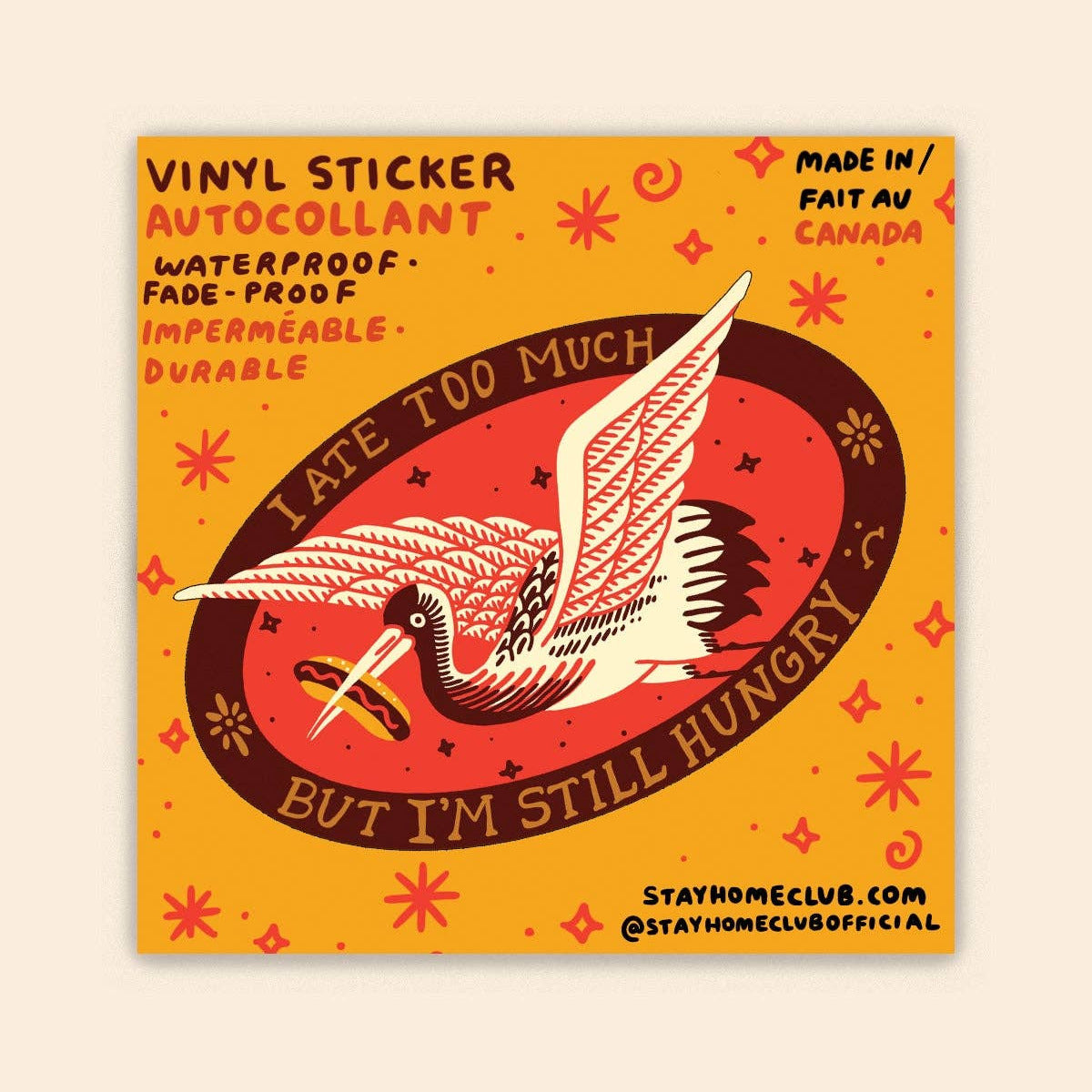 Vinyl sticker with bird design and text on a yellow background