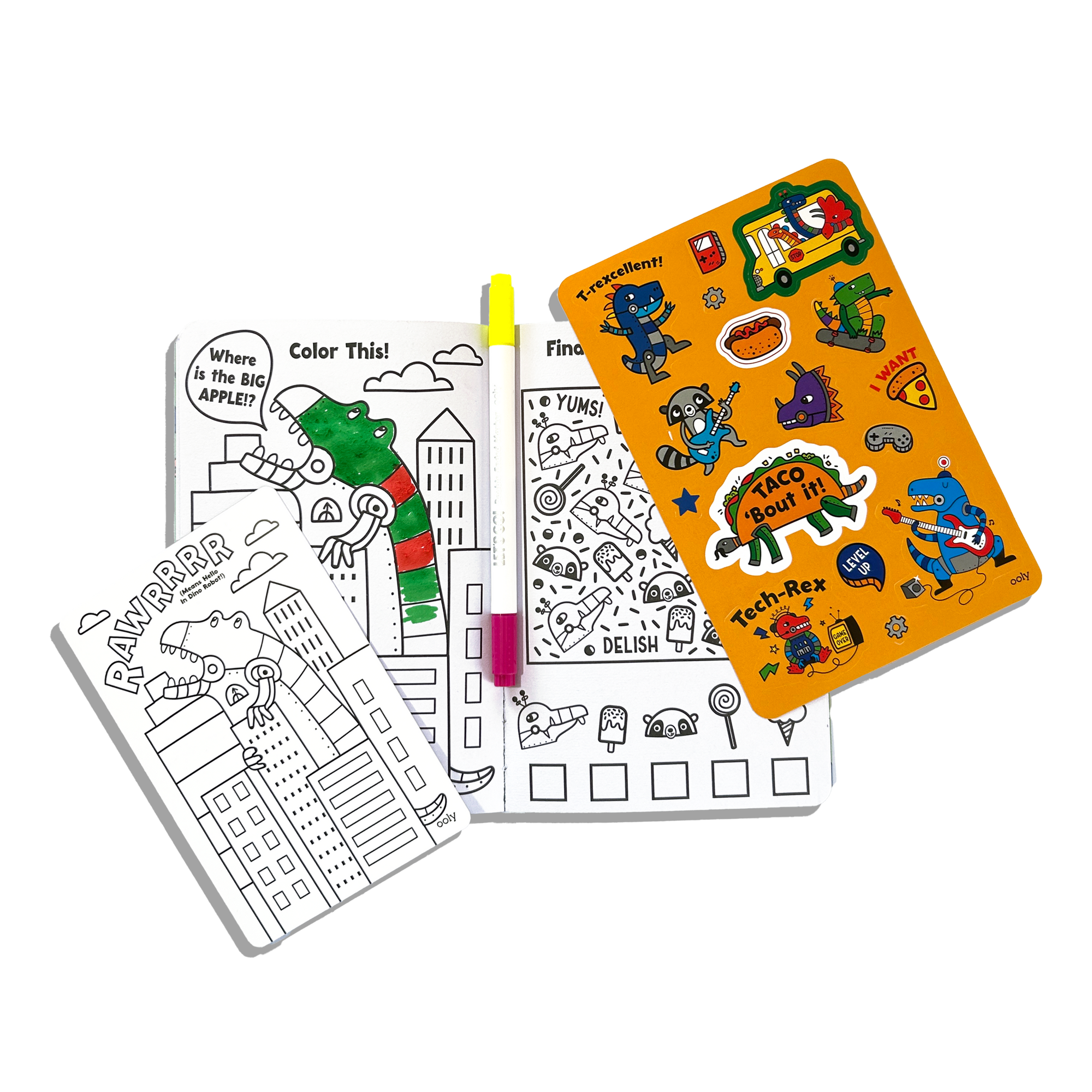 Coloring book with dinosaur-themed pages and a set of stickers on a white background