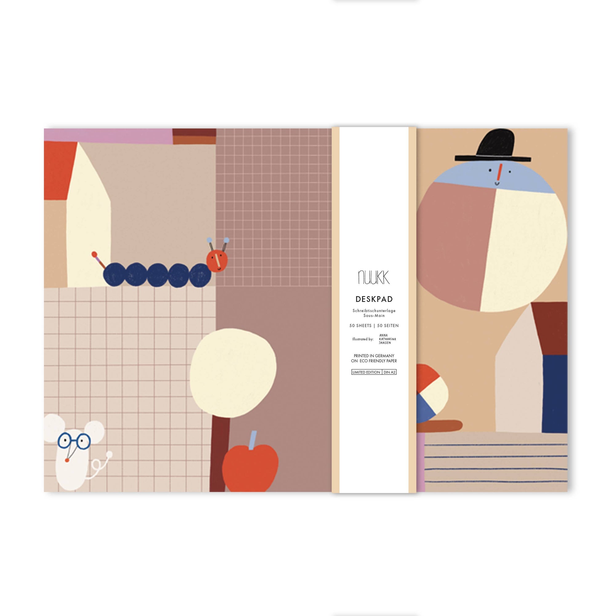 A children's art activity desk pad featuring a minimalist, geometric, cubist-style illustration. The pad is shown open to display three panels: a left panel with a caterpillar, a right panel with a stylized face, and a center panel with a white vertical strip containing the text 'NUUKK DESKPAD'.