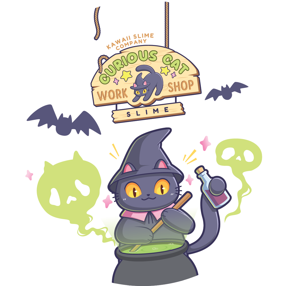 Illustration of a cat in a witch hat with a bottle of slime, surrounded by bats and ghosts, with 'Curious Cat Work Shop Slime' sign above.