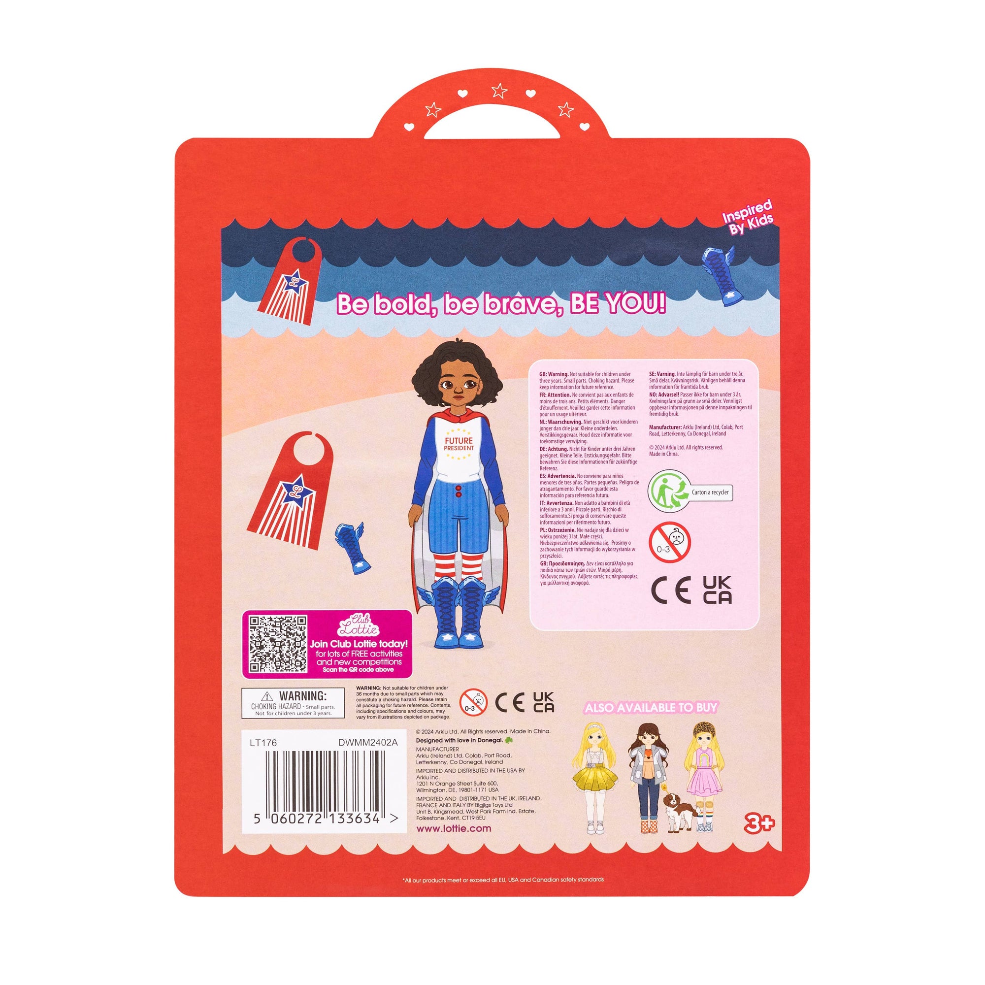 The back of a toy packaging card for 'Go bold, be fabulous, Be Veda' doll clothes, featuring illustrations of the doll's outfit and accessories on a light pink background with a red border.