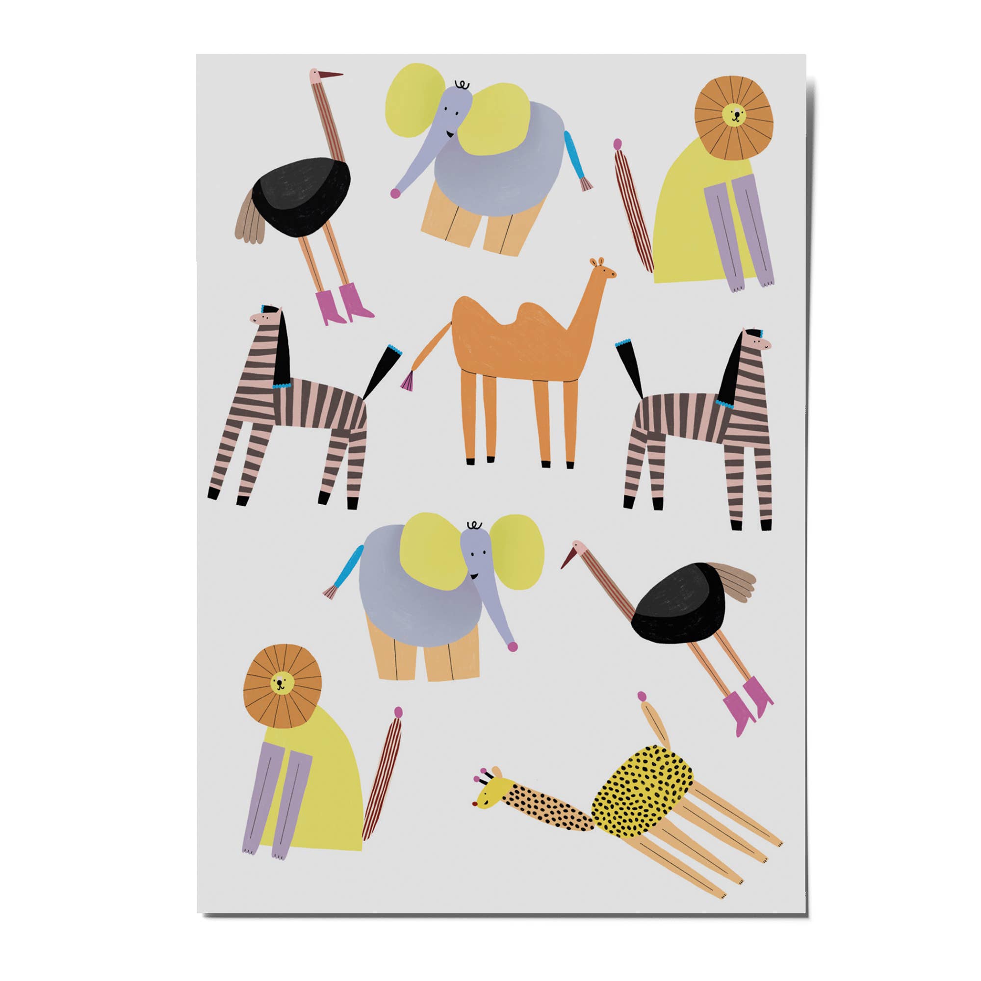 A vertical art print featuring a playful, minimalist safari animal illustration pattern on a light gray background. The design includes stylized zebras, elephants, giraffes, ostriches, and lions in bright colors like yellow, orange, purple, and black and white stripes.